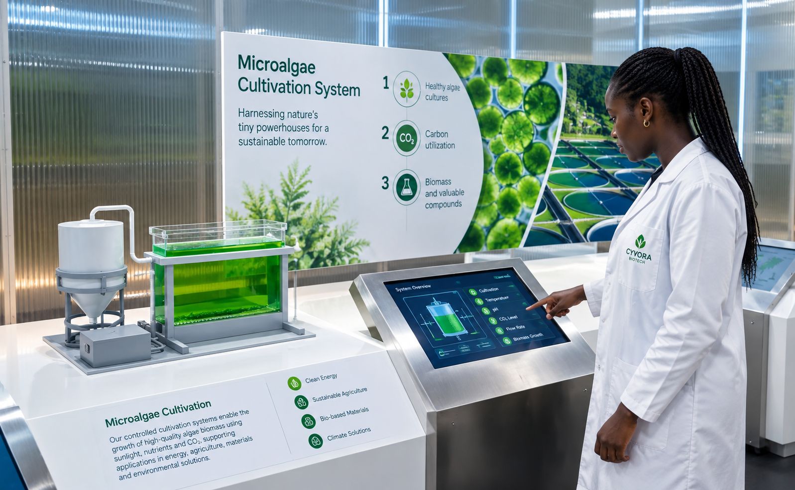 A Cyvora team member monitoring microalgae cultivation at a console beside a cultivation unit.