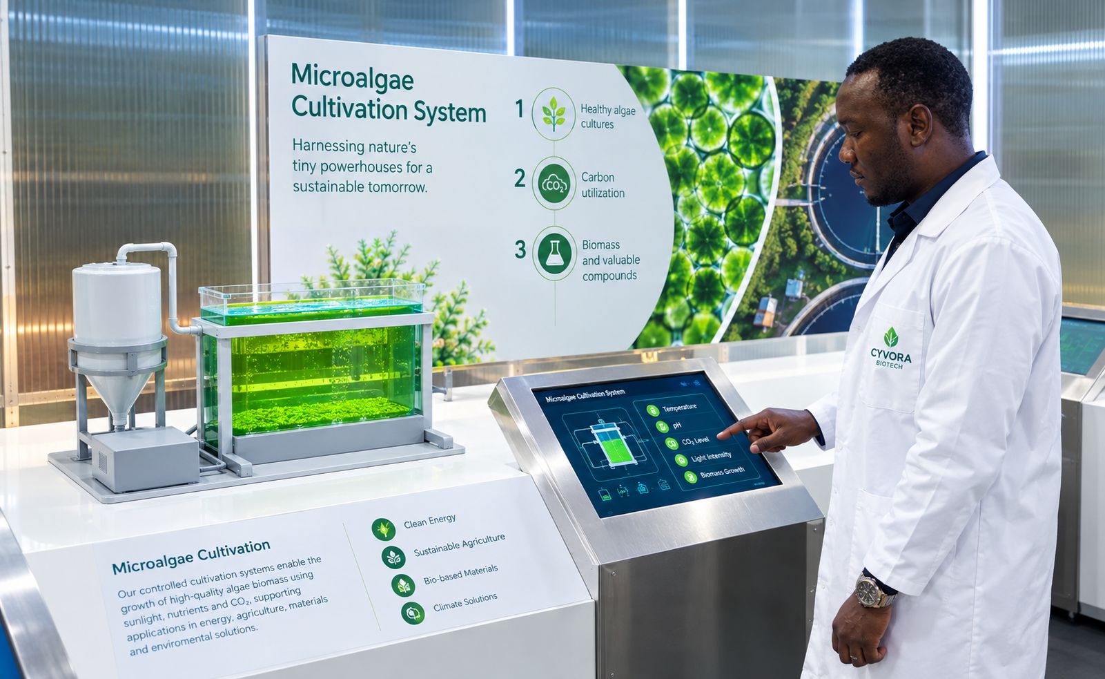 A Cyvora team member checking cultivation readings on a console beside a microalgae unit in the Cyvora lab.